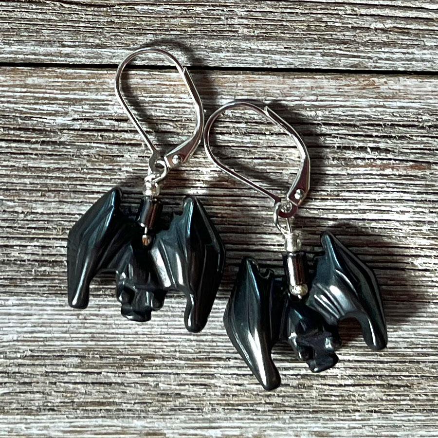 Bat Earrings of black stone - Halloween Jewelry featuring hematite bat shapes, perfect for spooky gifts or animal-themed jewelry lovers.