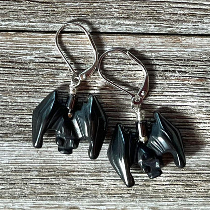 Bat Earrings of black stone - Halloween Jewelry featuring hematite bat shapes, perfect for spooky gifts or animal-themed jewelry lovers.