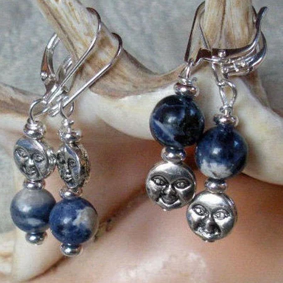 Blue Moon Sodalite Earrings featuring celestial themed smiling full moon design with blue sodalite beads, calming and creative self-care jewelry.