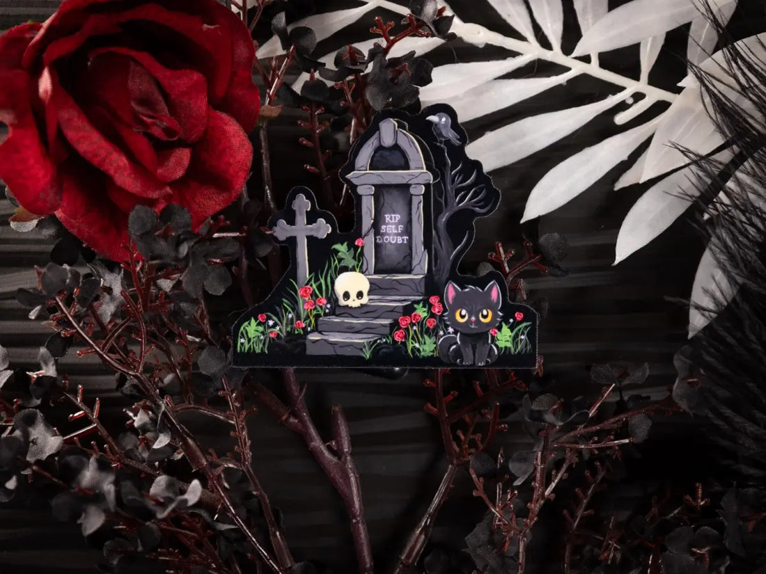 Halloween Laptop Sticker, Spooky Cemetery Water Bottle Decal, Hand Painted Gravestone Gothic Notebook Sticker