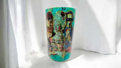 Handmade Decoupaged Glass Vase, Teal Gold Art, Tall Floral Decor