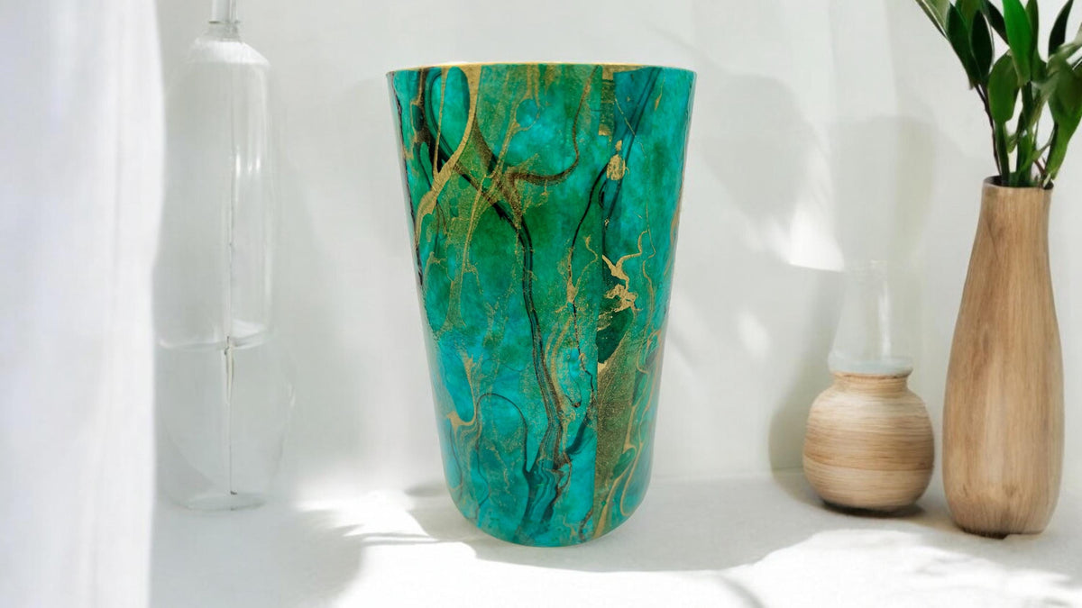 Handmade Decoupaged Glass Vase, Teal Gold Art, Tall Floral Decor
