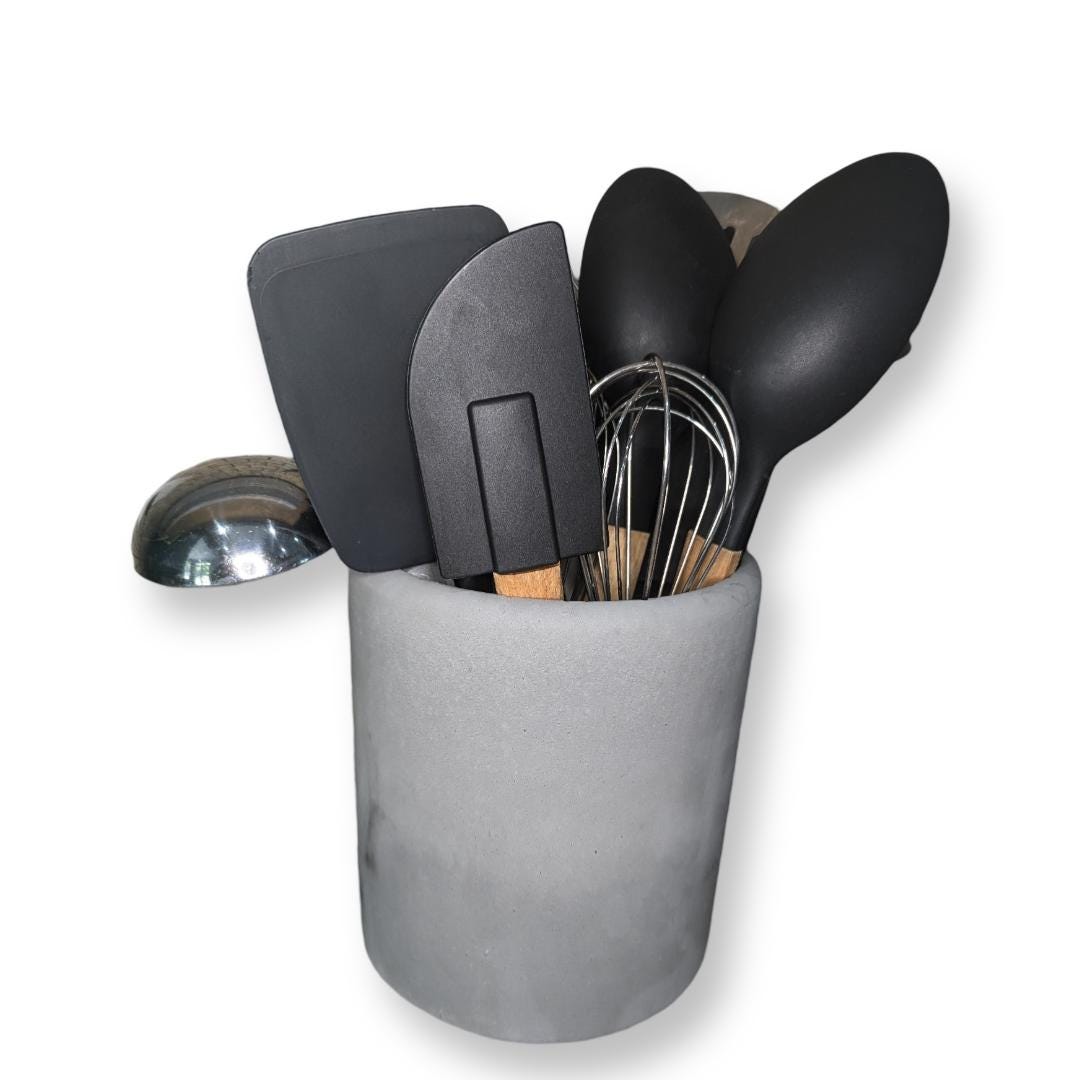 Gray Concrete Utensil Holder – Modern, Minimalist Kitchen Organization. Indoor/Outdoor Planter With Drain Hole