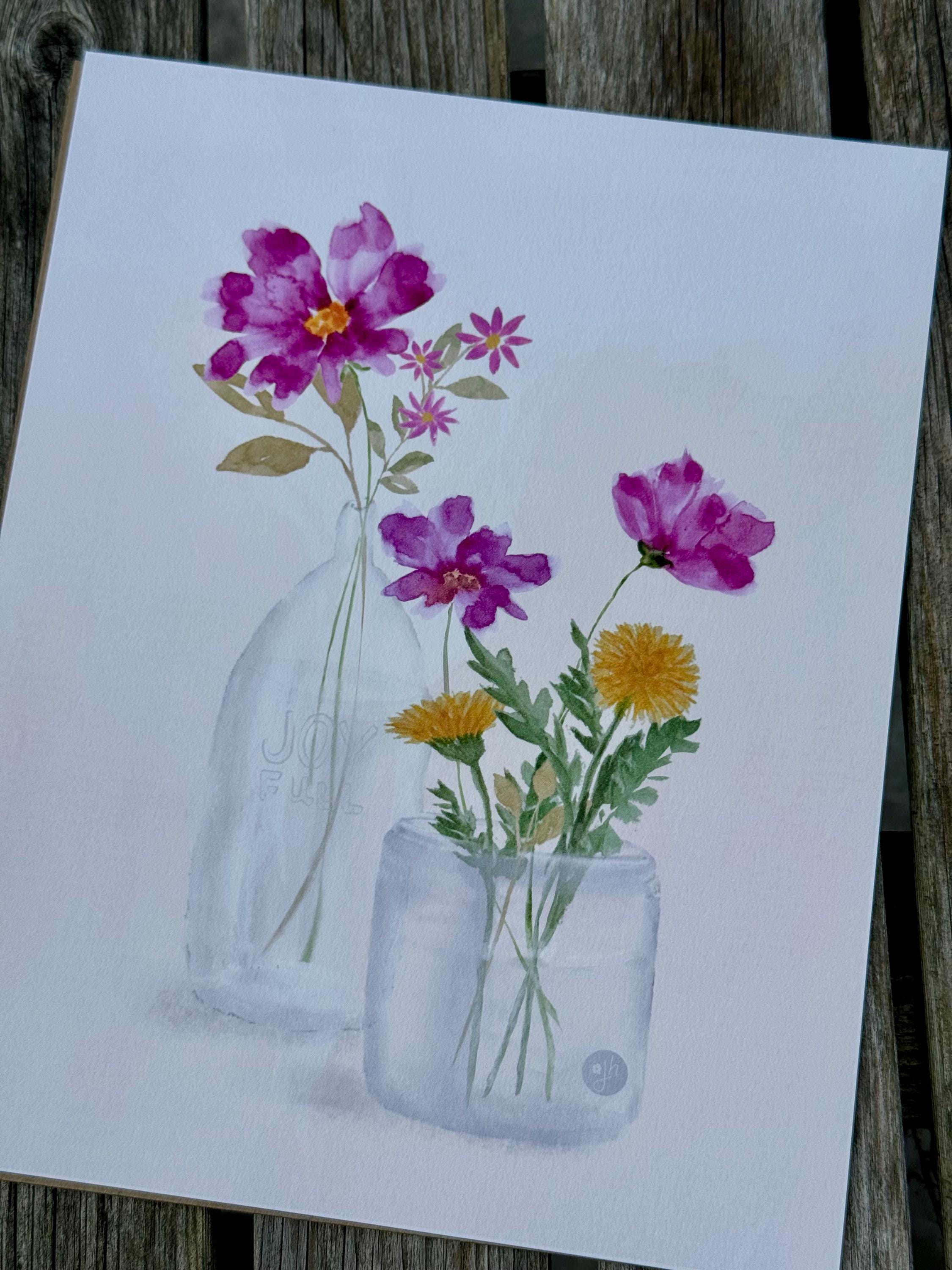 Fuchsia Floral Watercolor Art Print: Joyful Vase Still Life