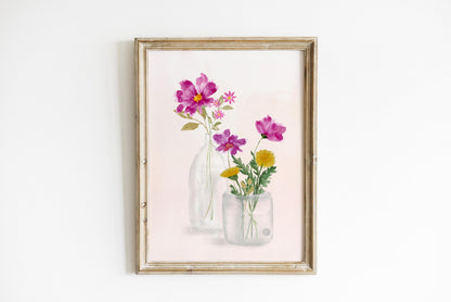 Fuchsia Floral Watercolor Art Print: Joyful Vase Still Life