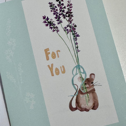 Watercolor Mouse Greeting Card: Floral Bouquet, Friendship Gift