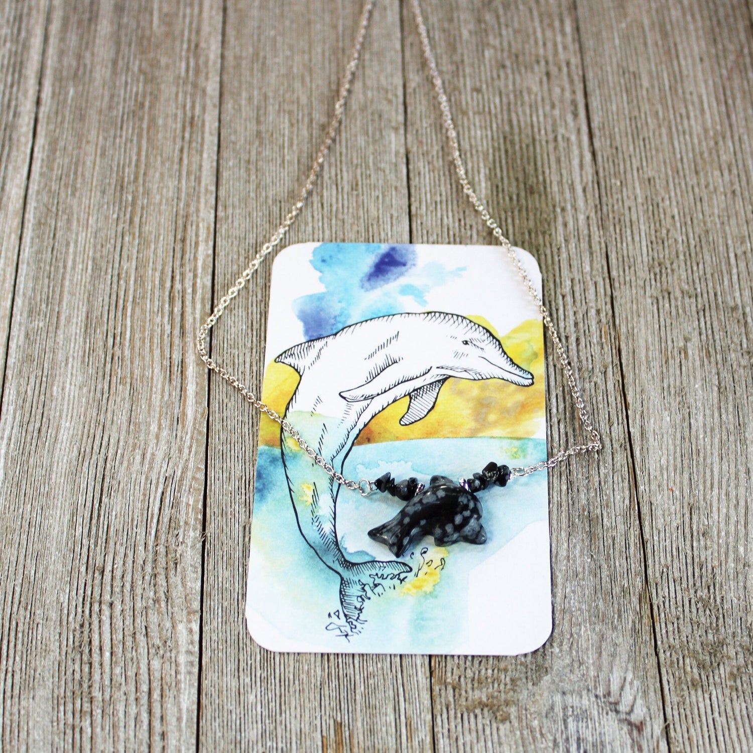 Snowflake obsidian dolphin choker - Sea Life Necklace Gift for woman, teen daughter, mother, friend, Dolphin Lover Gift, handcrafted jewelry with black and grey speckles.