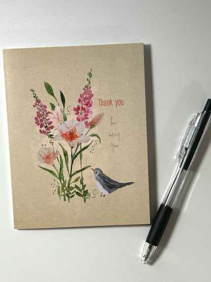 Watercolor Thank You Card: Floral Bird Design (A6 Size)