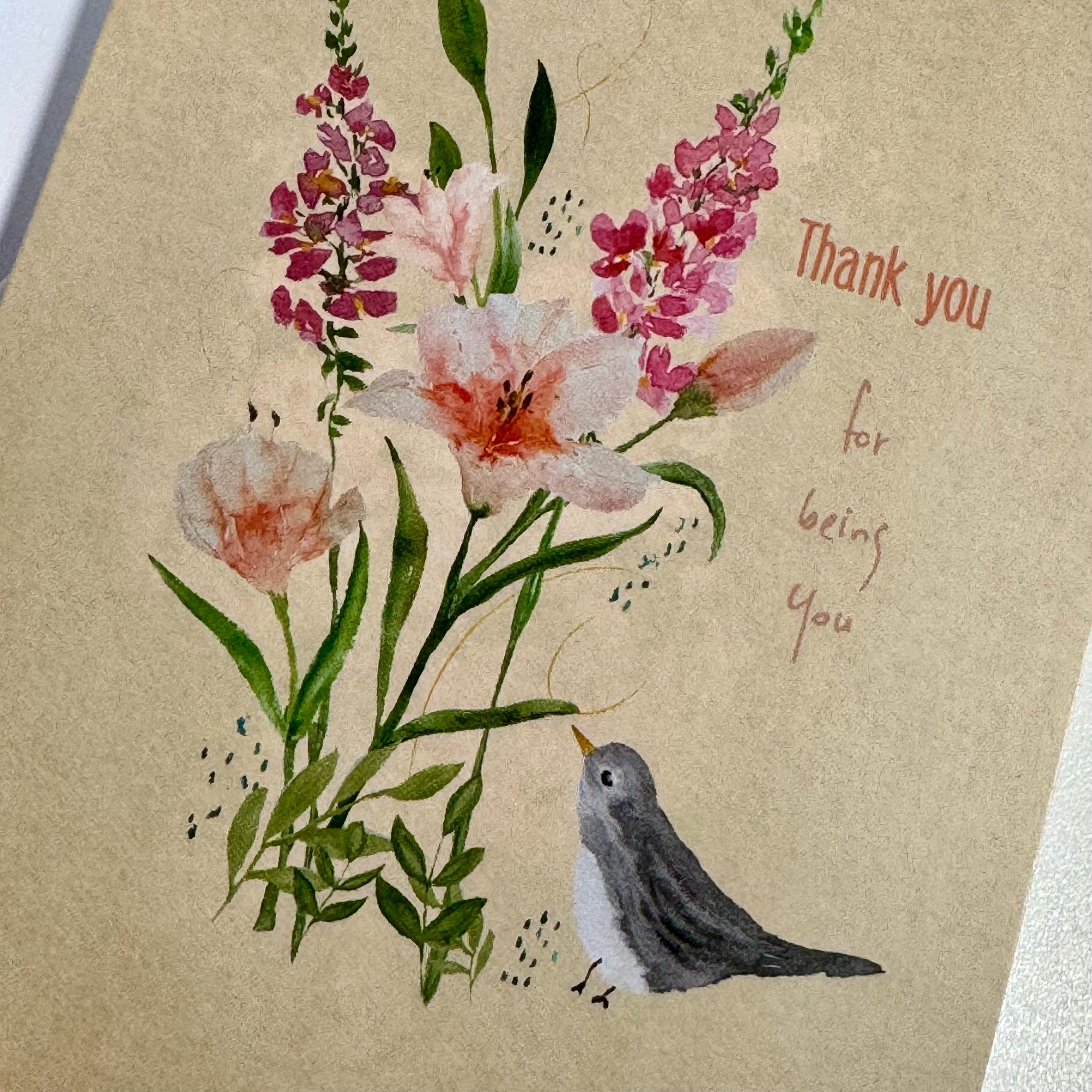 Watercolor Thank You Card: Floral Bird Design (A6 Size)