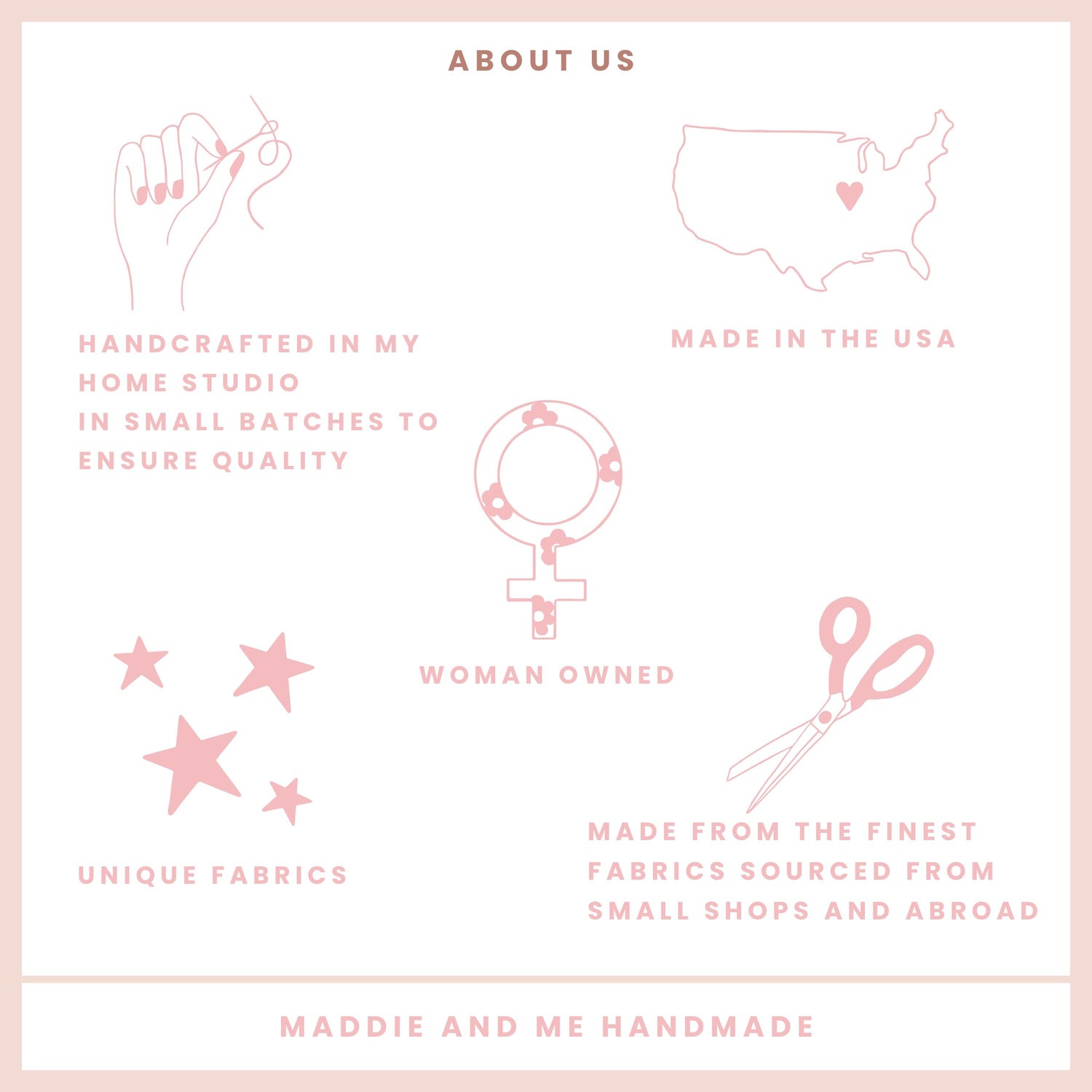 May include: A pink and white graphic with the text &amp;quot;ABOUT US&amp;quot; and illustrations of a hand sewing, a map of the USA, a female symbol, scissors, and stars. Text includes &amp;quot;HANDCRAFTED IN MY HOME STUDIO&amp;quot;, &amp;quot;MADE IN THE USA&amp;quot;, &amp;quot;UNIQUE FABRICS&amp;quot;, and &amp;quot;WOMAN OWNED&amp;quot;.