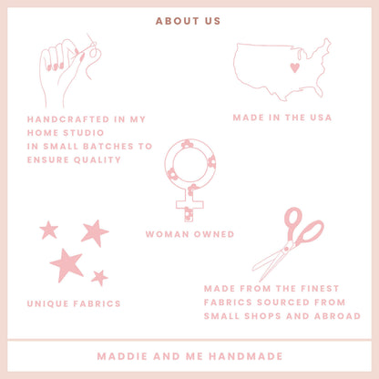 May include: A pink and white graphic with the text &amp;quot;ABOUT US&amp;quot; and illustrations of a hand sewing, a map of the USA, a female symbol, scissors, and stars. Text includes &amp;quot;HANDCRAFTED IN MY HOME STUDIO&amp;quot;, &amp;quot;MADE IN THE USA&amp;quot;, &amp;quot;UNIQUE FABRICS&amp;quot;, and &amp;quot;WOMAN OWNED&amp;quot;.