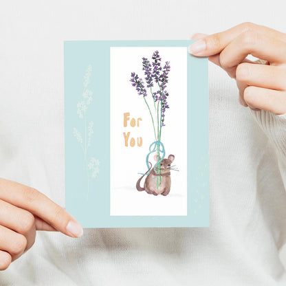 Watercolor Mouse Greeting Card: Floral Bouquet, Friendship Gift