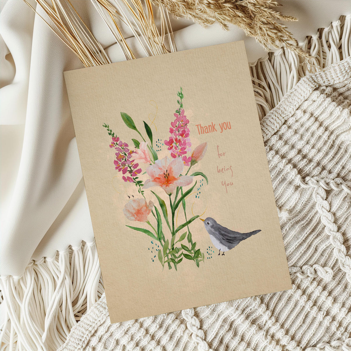 Watercolor Thank You Card: Floral Bird Design (A6 Size)