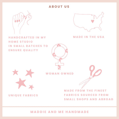May include: A pink and white graphic with the text &amp;quot;ABOUT US&amp;quot; and illustrations of a hand sewing, a map of the USA, a female symbol, scissors, and stars. Text includes &amp;quot;HANDCRAFTED IN MY HOME STUDIO&amp;quot;, &amp;quot;MADE IN THE USA&amp;quot;, &amp;quot;UNIQUE FABRICS&amp;quot;, and &amp;quot;WOMAN OWNED&amp;quot;.
