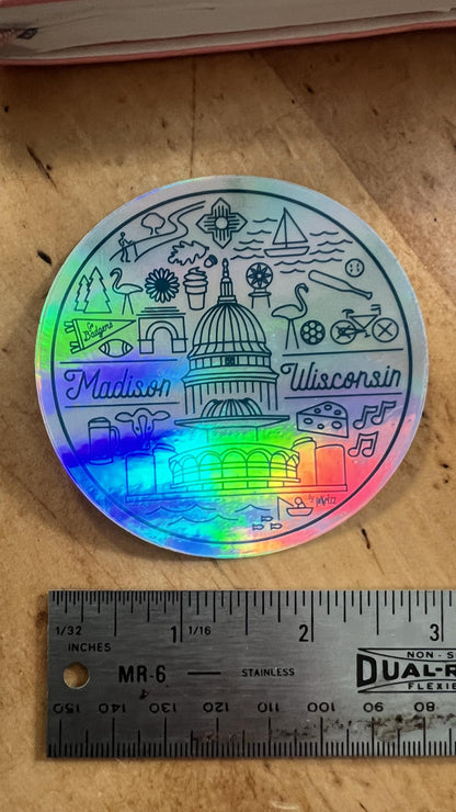 Madison Wisconsin Holographic Sticker | Rainbow Iridescent City Art | WI Isthmus Skyline Decal