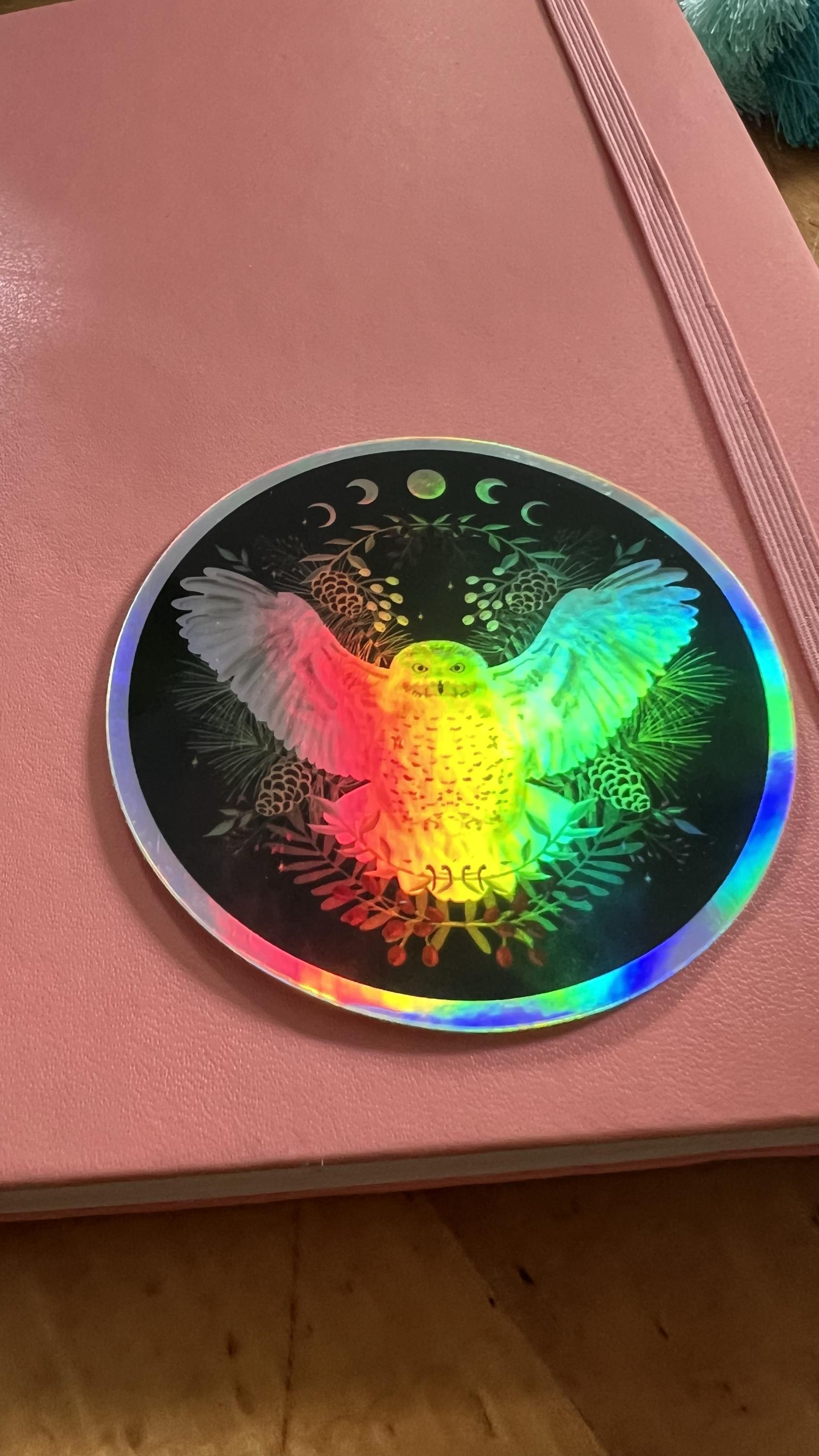Holographic Snowy Owl Moon Phase Sticker | Celestial Lunar Cycle Art (3&amp;quot; Die-Cut)