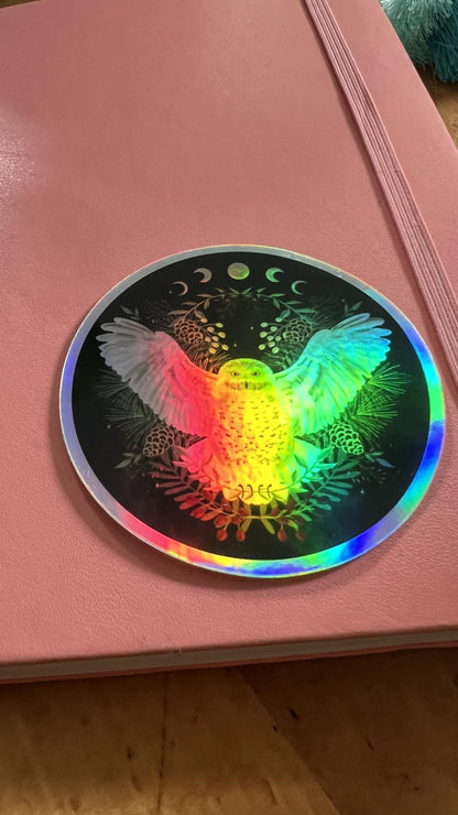 Holographic Snowy Owl Moon Phase Sticker | Celestial Lunar Cycle Art (3&amp;quot; Die-Cut)