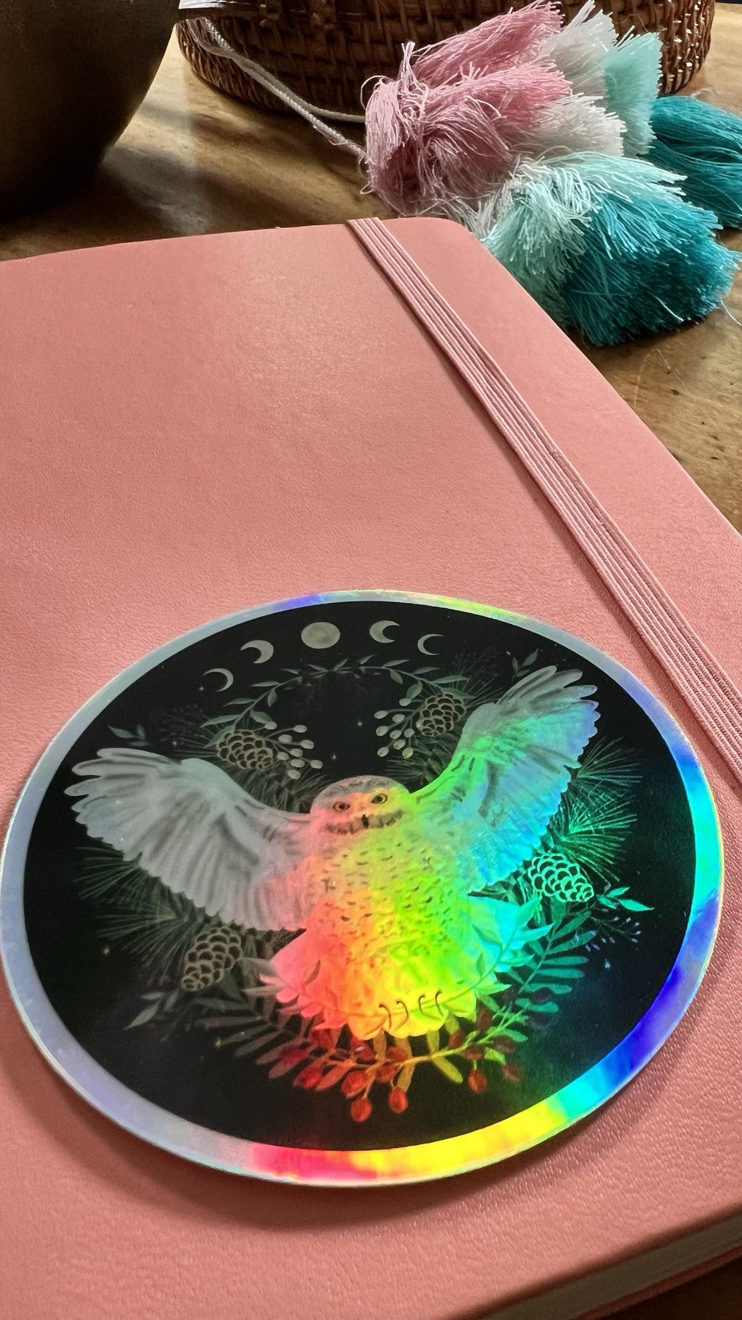 Holographic Snowy Owl Moon Phase Sticker | Celestial Lunar Cycle Art (3&amp;quot; Die-Cut)