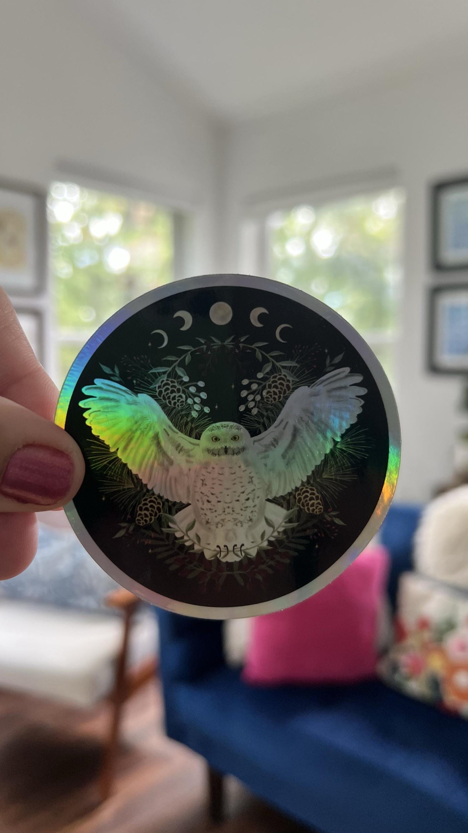 Holographic Snowy Owl Moon Phase Sticker | Celestial Lunar Cycle Art (3&amp;quot; Die-Cut)