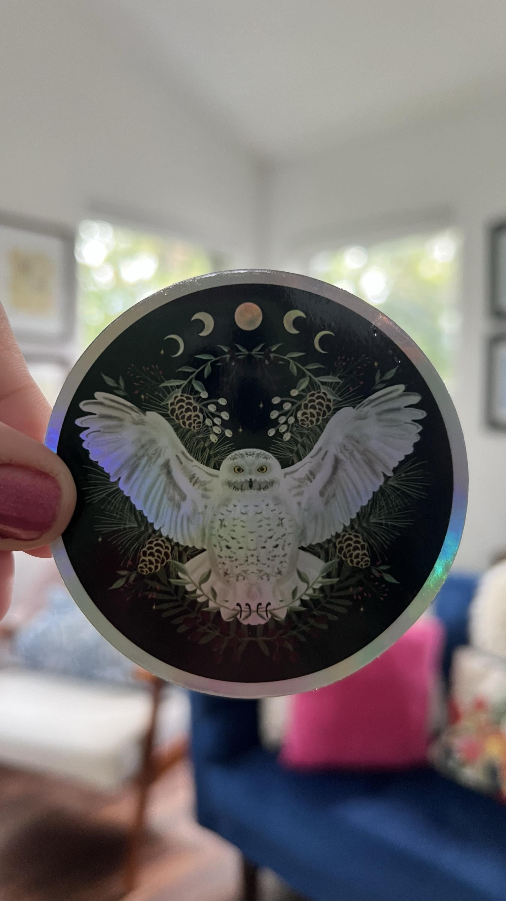 Holographic Snowy Owl Moon Phase Sticker | Celestial Lunar Cycle Art (3&amp;quot; Die-Cut)