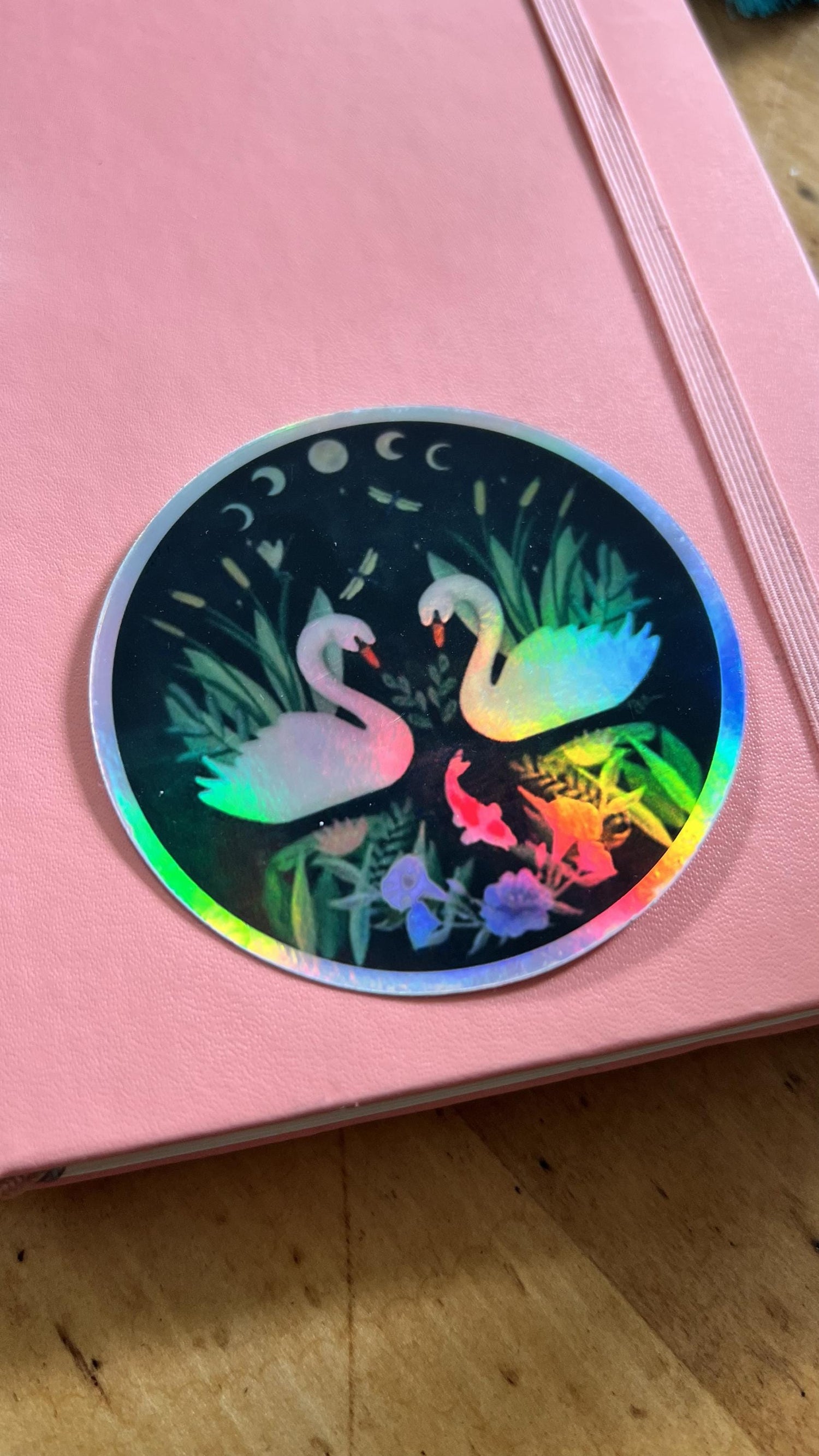 Holographic Swan Moon Phase Sticker | Celestial Water Birds Vinyl Decal