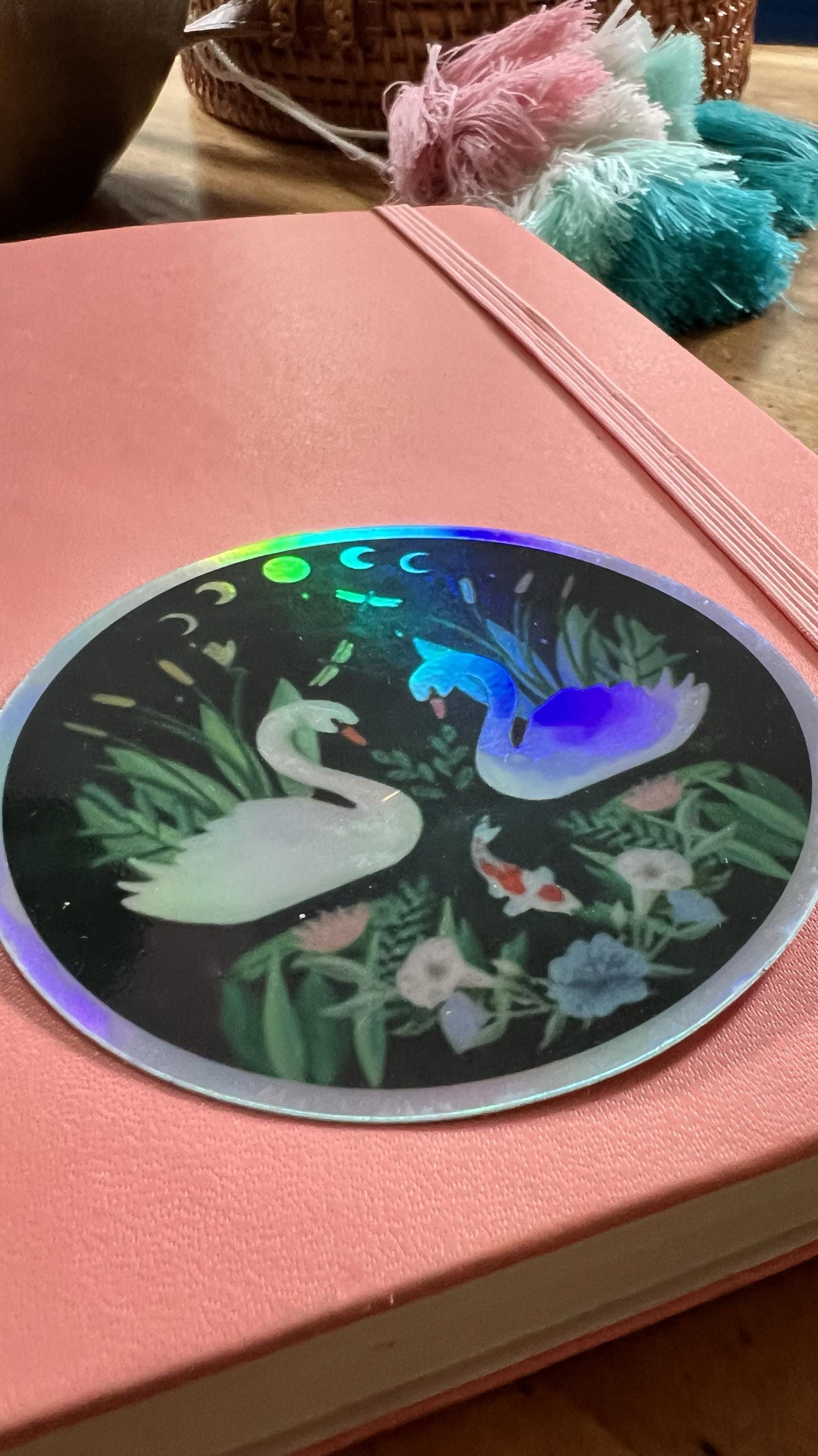 Holographic Swan Moon Phase Sticker | Celestial Water Birds Vinyl Decal