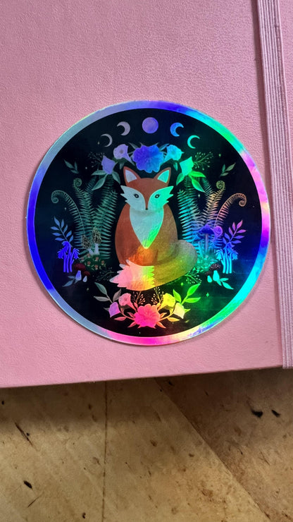 Woodland Fox Holographic Sticker | Moon Phases, Mystical Forest Art, Celestial Nature Lover