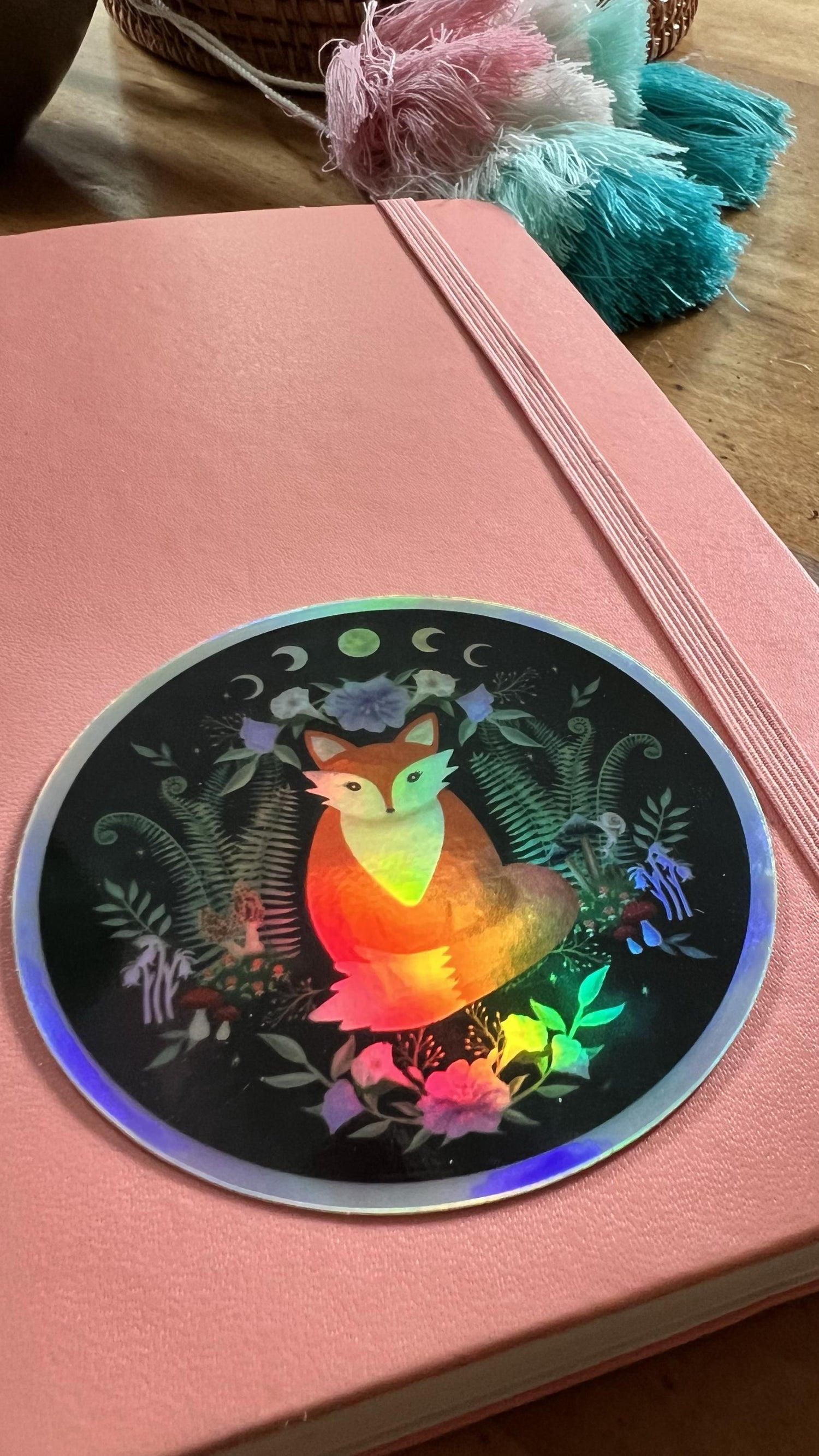 Woodland Fox Holographic Sticker | Moon Phases, Mystical Forest Art, Celestial Nature Lover