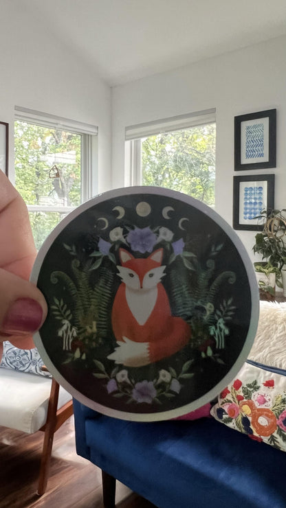 Woodland Fox Holographic Sticker | Moon Phases, Mystical Forest Art, Celestial Nature Lover