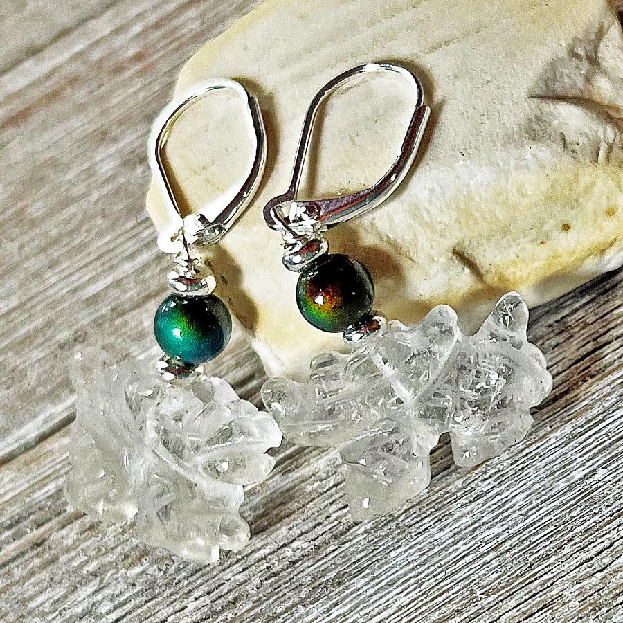 Close-up of Dragon Earrings - Stunning Clear Quartz Stone Earrings showcasing intricate carvings and color-changing features, an ideal gift for dragon jewelry enthusiasts.