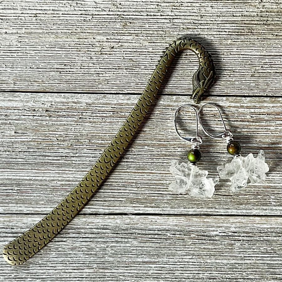 Dragon Earrings - Carved Clear Quartz Stone Earrings showcasing magic color changing feature, perfect fantasy gift for gamers and zen aesthetic enthusiasts.
