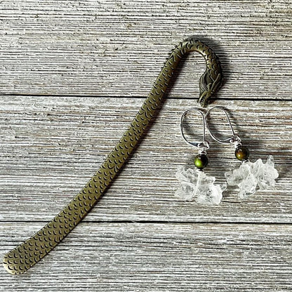 Dragon Earrings - Carved Clear Quartz Stone Earrings showcasing magic color changing feature, perfect fantasy gift for gamers and zen aesthetic enthusiasts.