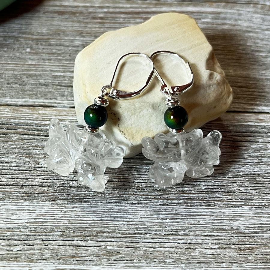 Dragon Earrings - Carved Clear Quartz Stone Earrings with Magic Color Changing Design, perfect fantasy gift for gamers and zen aesthetic lovers.