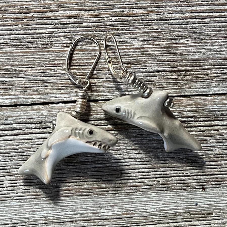 SHARK EARRINGS - Cute grinning shark design on ceramic, perfect for fish lovers and a great gift.