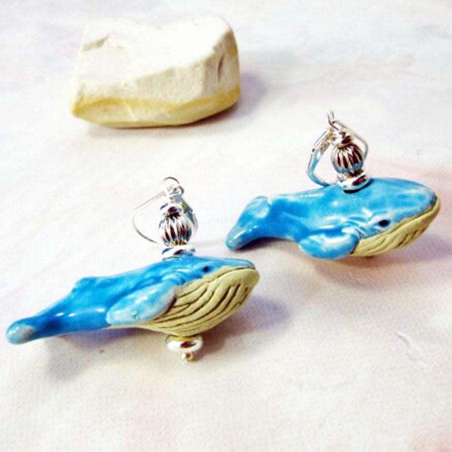 Whale Earrings Big Blue, hand-painted whale animal jewelry for ocean lovers, showcasing charm and detail.