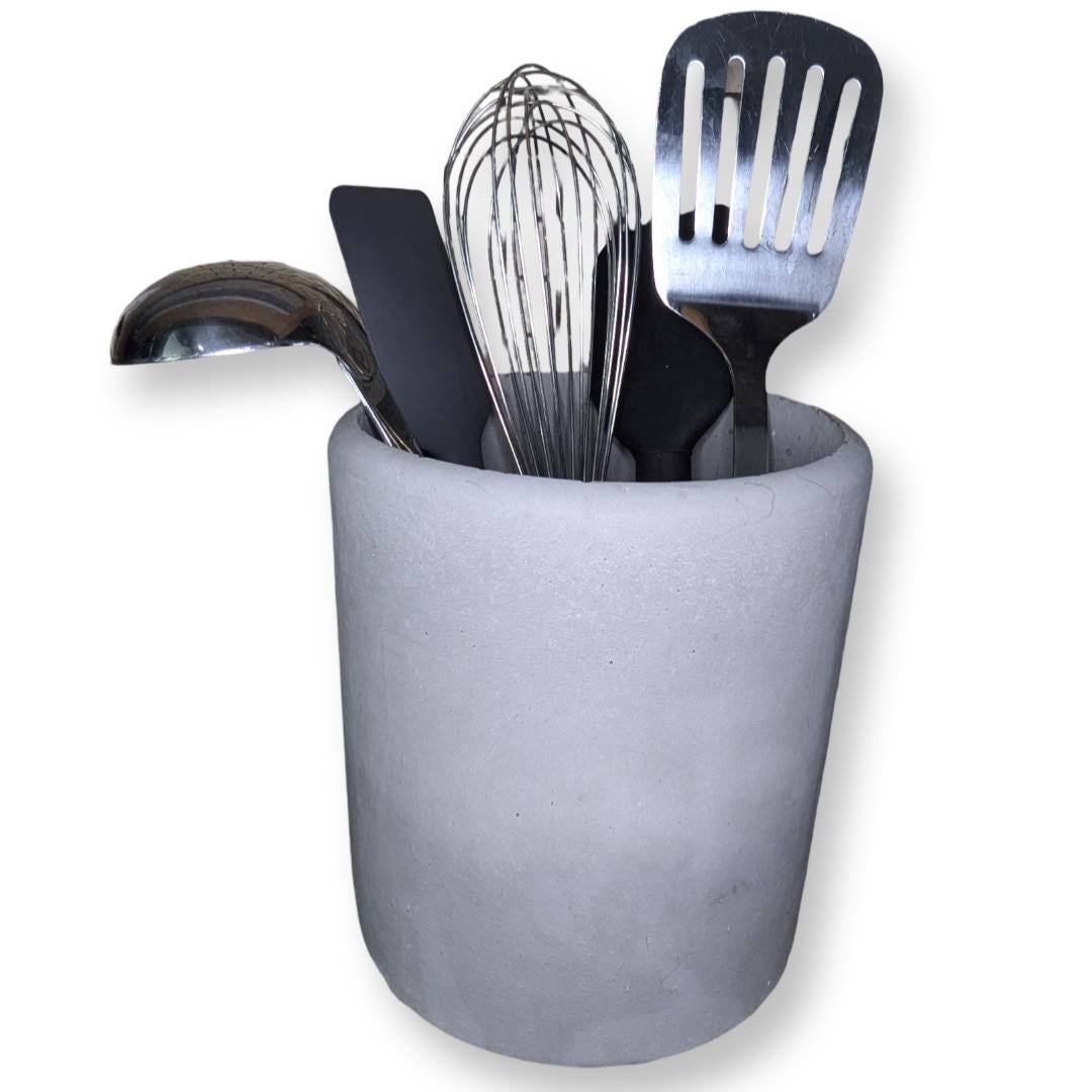 Gray Concrete Utensil Holder – Modern, Minimalist Kitchen Organization. Indoor/Outdoor Planter With Drain Hole