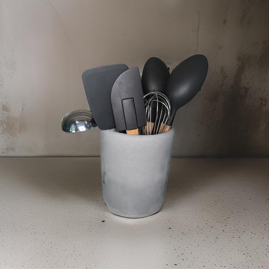 Gray Concrete Utensil Holder – Modern, Minimalist Kitchen Organization. Indoor/Outdoor Planter With Drain Hole