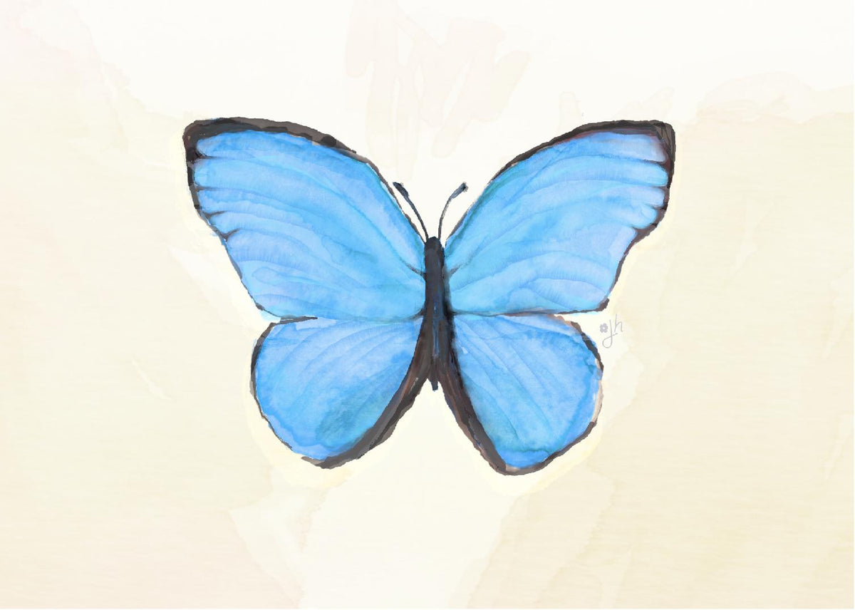 Blue Morpho Butterfly Watercolor Art Print: Bright Hand-Painted Design