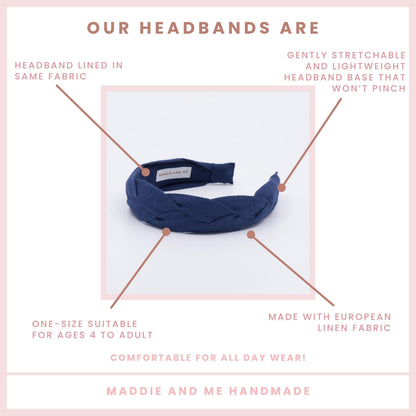 European Linen Braided Headband: Navy Blue Alice Band