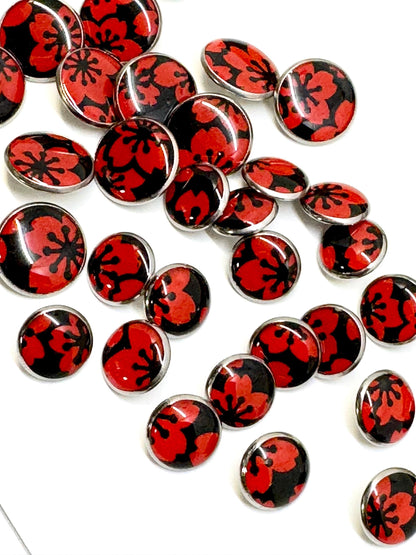 Small Round Buttons - Red Flowers on Black Background - 12mm