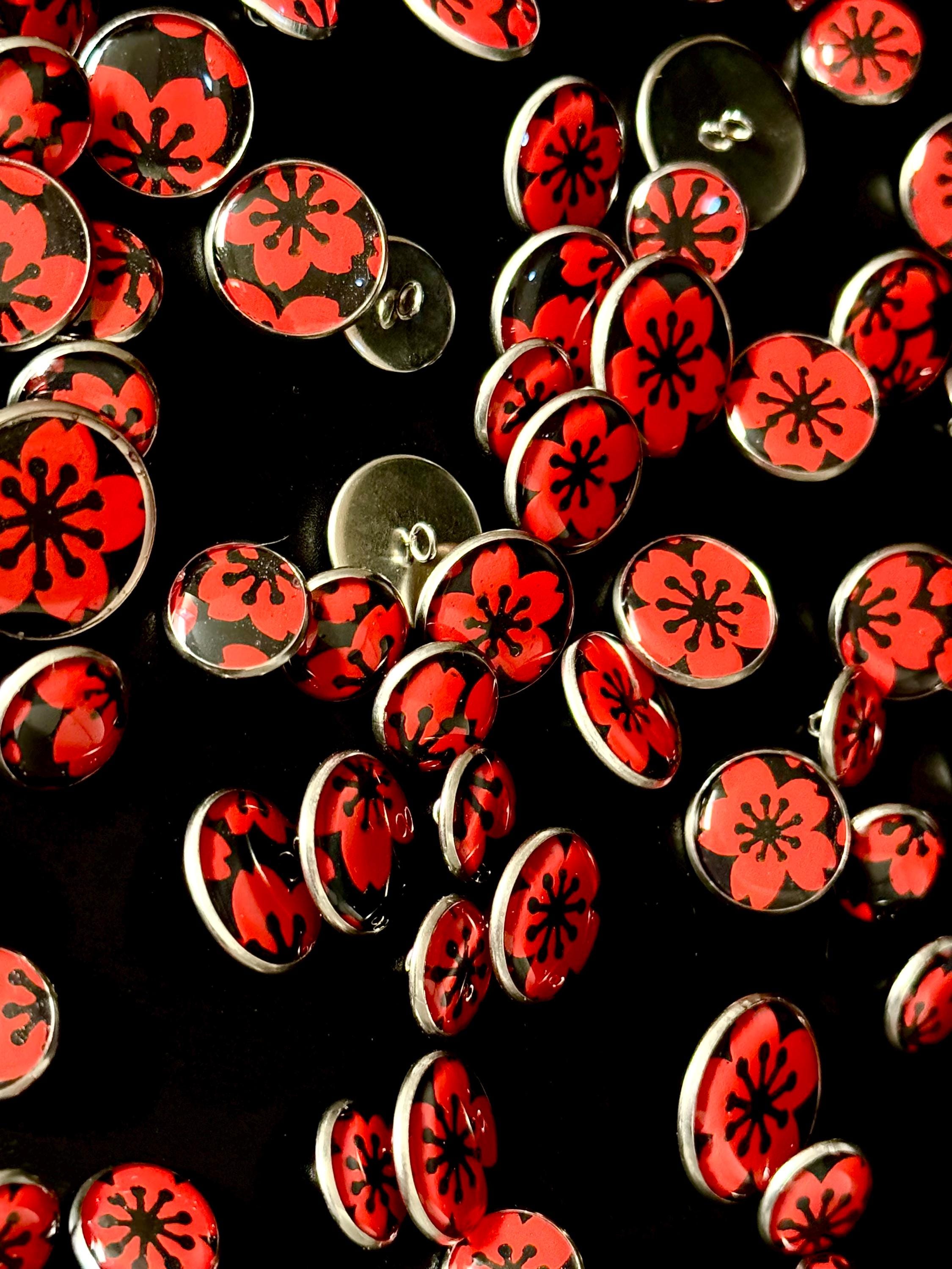 Small Round Buttons - Red Flowers on Black Background - 12mm