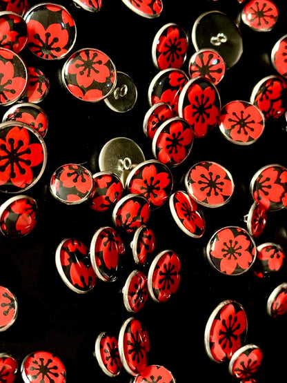 Small Round Buttons - Red Flowers on Black Background - 12mm