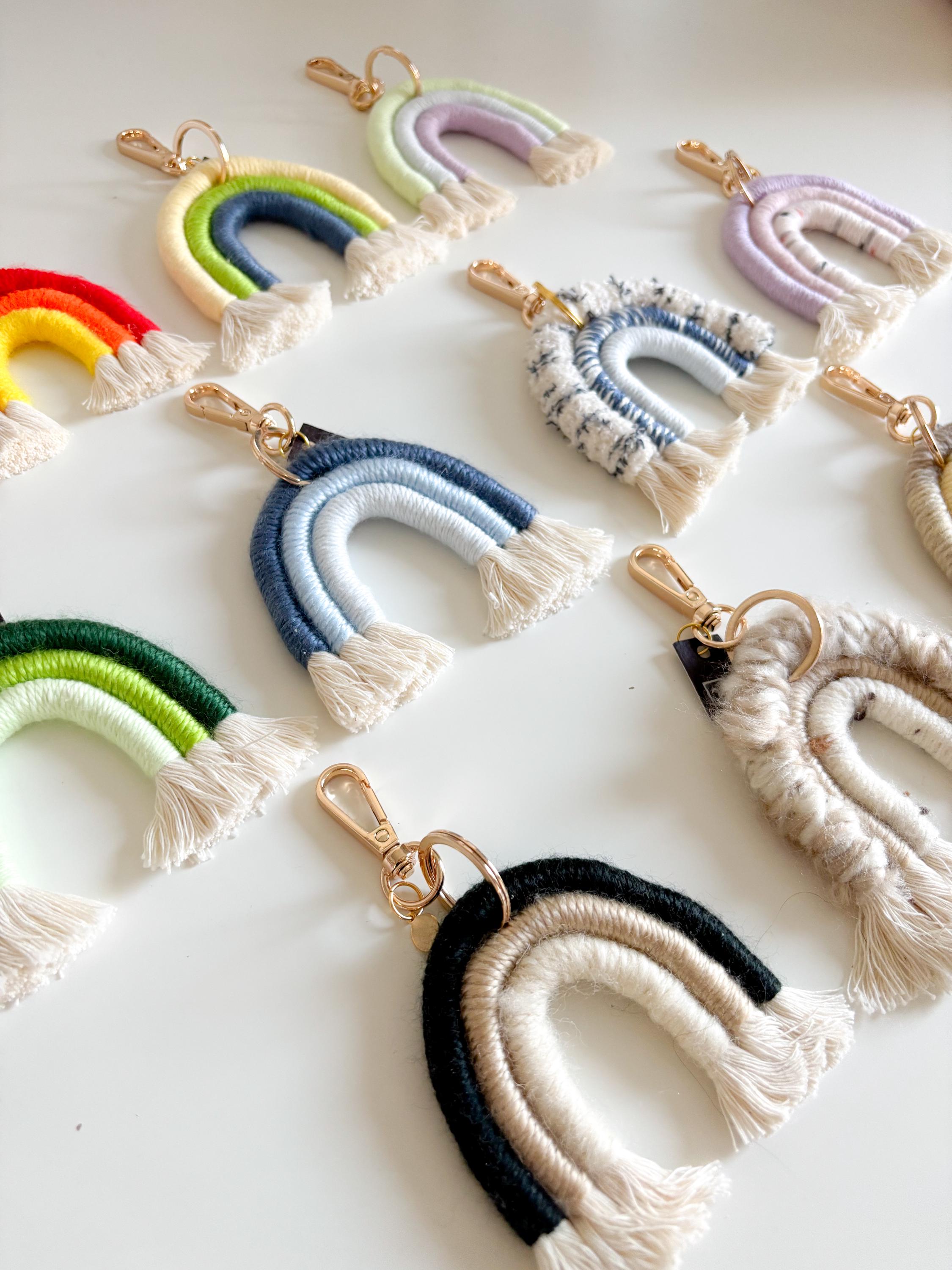 Rainbow Keychains, macrame, boho, bag charm, accessory, under 15, gift, party favor, wedding, Handmade Boho Decor, Modern Fiber Art