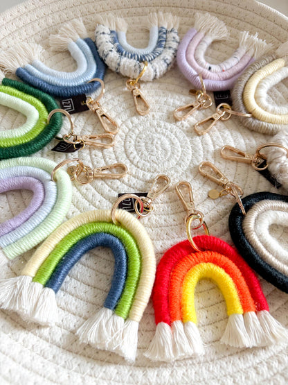 Rainbow Keychains, macrame, boho, bag charm, accessory, under 15, gift, party favor, wedding, Handmade Boho Decor, Modern Fiber Art