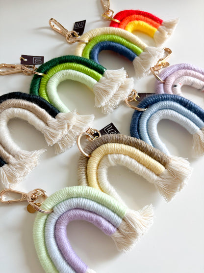 Rainbow Keychains, macrame, boho, bag charm, accessory, under 15, gift, party favor, wedding, Handmade Boho Decor, Modern Fiber Art