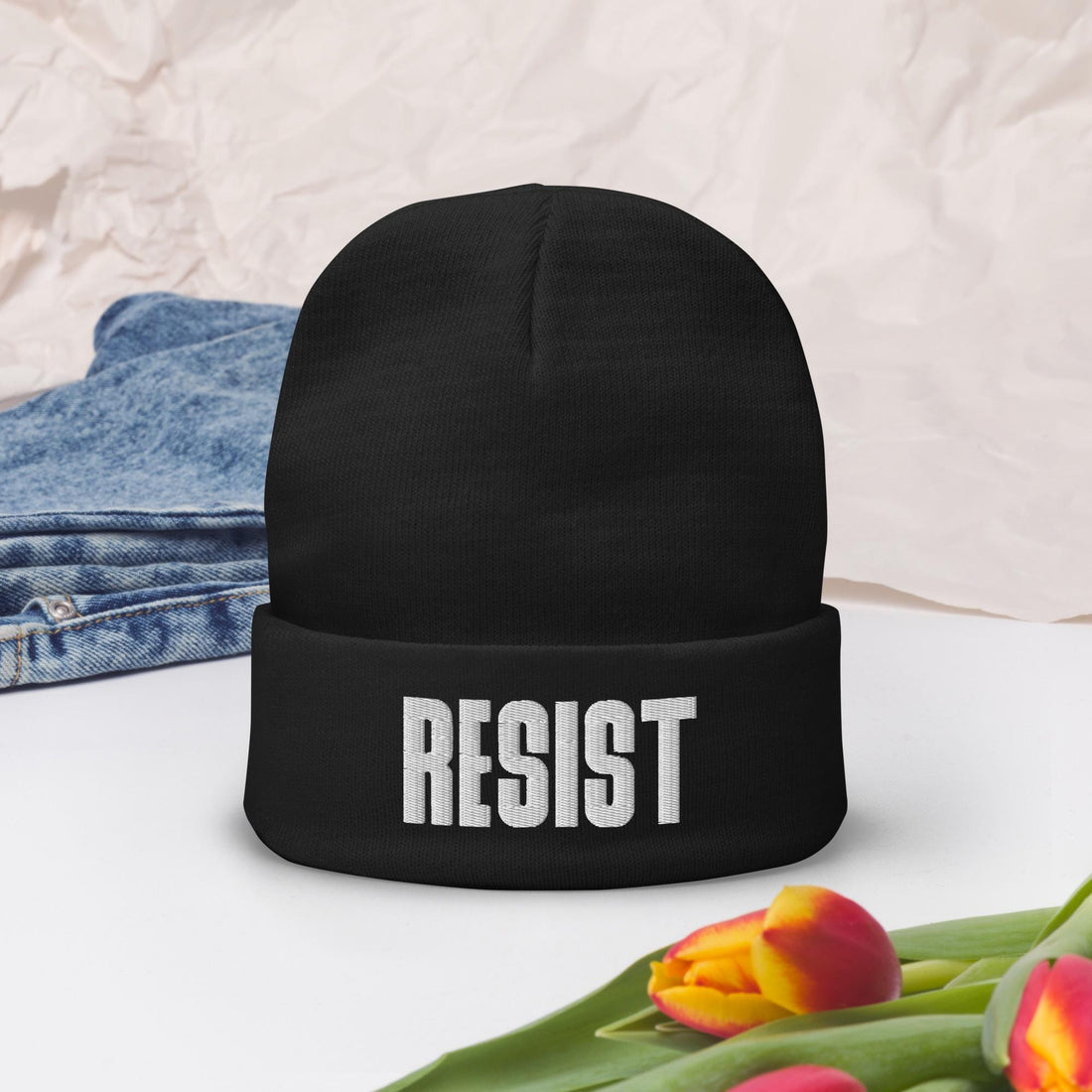 Resist Embroidered Beanie