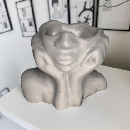 Abstract Face Concrete Head Planter / Sculptural Vase — Modern Minimalist Artistic Home Décor