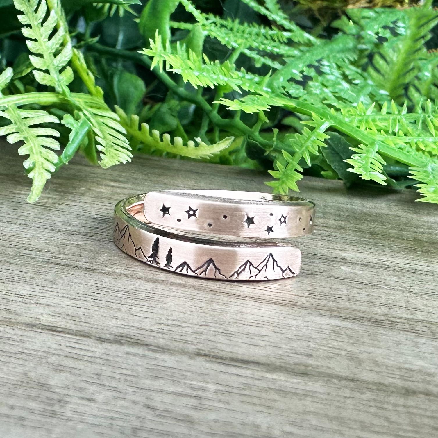 Hand Stamped Mountain and Stars Ring: Nature Jewelry