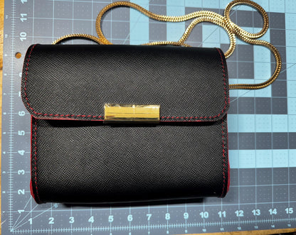 Designer Italian Black and Red Leather Purse with Gold Chain and Magnetic Closure