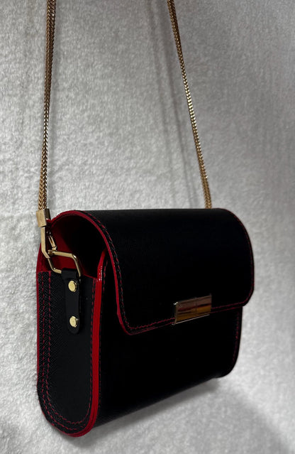 Designer Italian Black and Red Leather Purse with Gold Chain and Magnetic Closure
